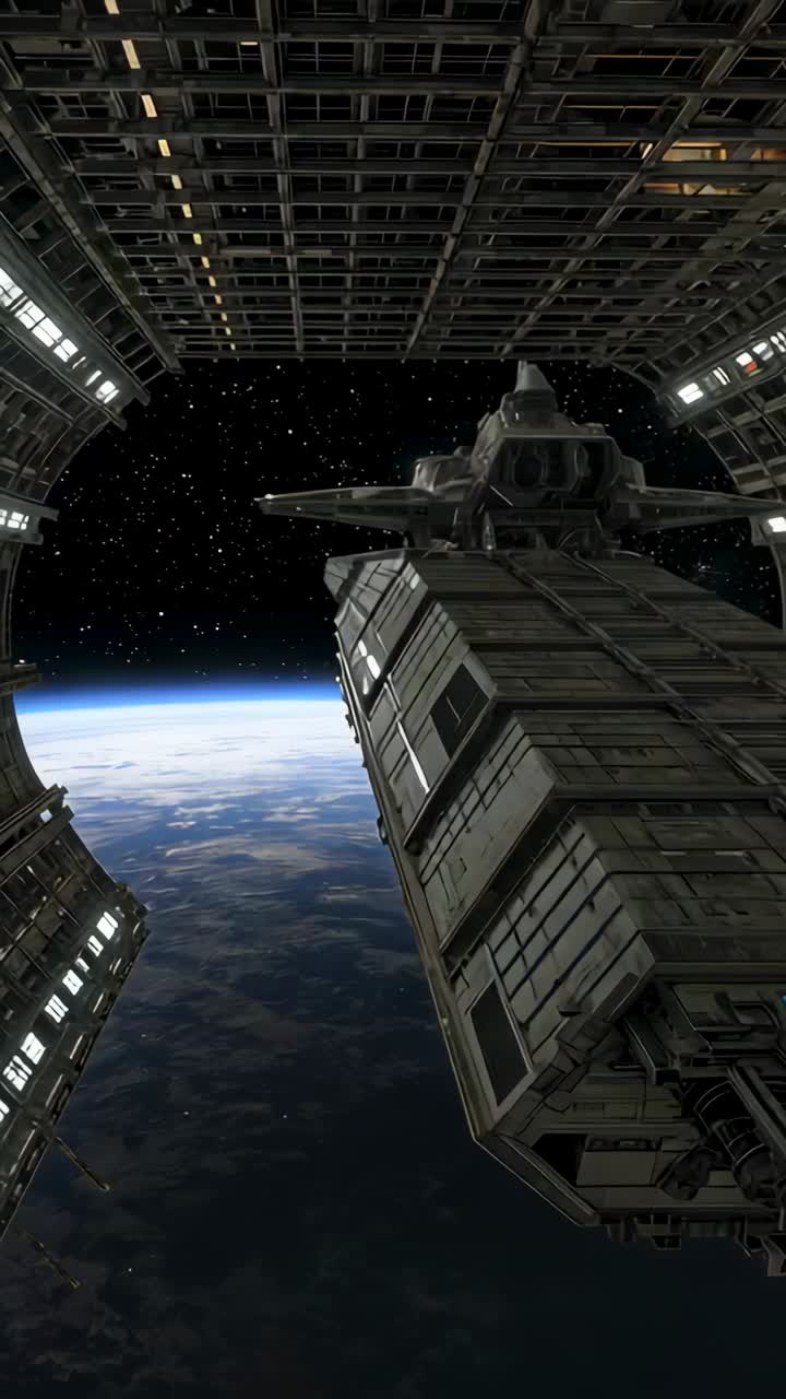 Vertical video: Releasing dock clamp sending cargo ship moving out through hangar bay, Earth limb