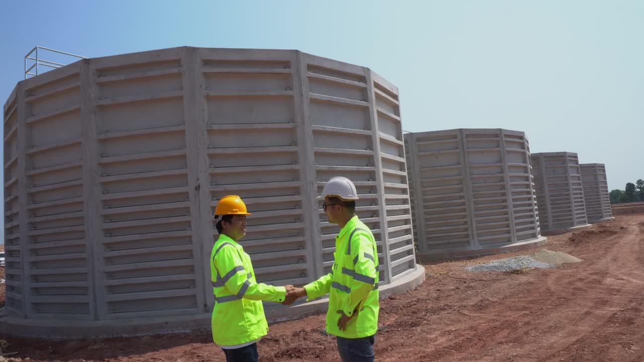 trabajo en equipo ingeniero civil planea la construcción de tanques de agua sin terminar hormigón para el tratamiento de aguas residuales en el sitio de construcción de la finca industrial. servicios públicos.