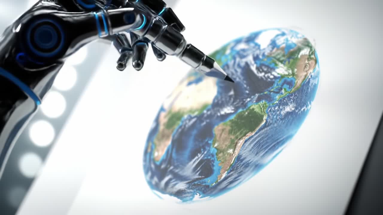 A Futuristic Robotic Hand Drawing a Detailed Earth, Showcasing Advanced Technology and Creativity Through Precision in Artistry Inspired by the Planet's Geography