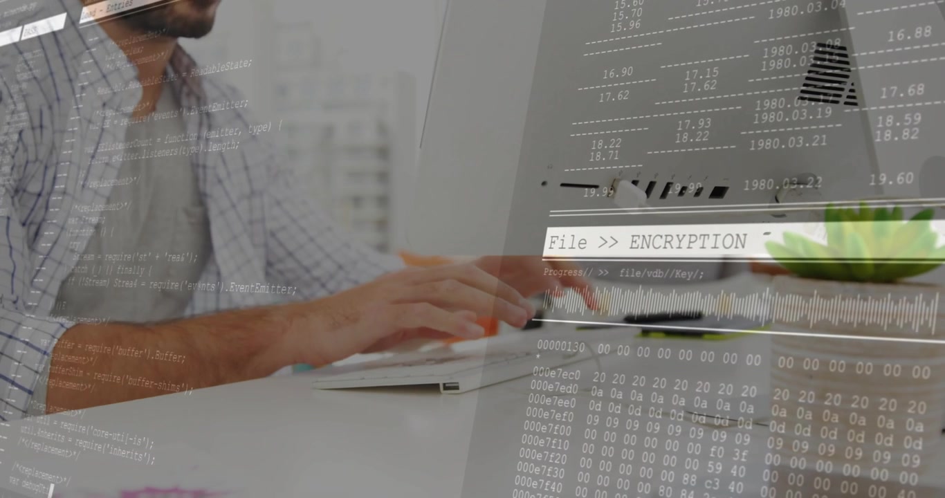 IT pro walking in and pausing at desk, typing while hex overlay monitoring encryption progress