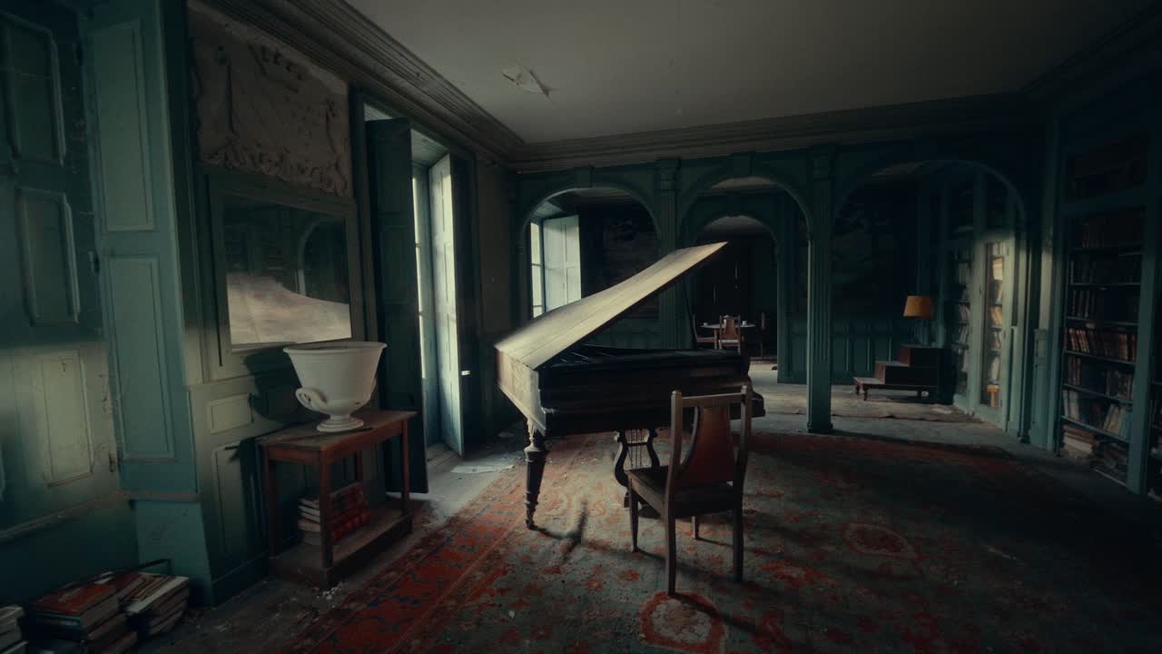 Vintage Grand Piano in a Neglected and Mysterious Old Room