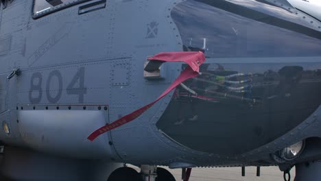 close-up view of a military helicopter
