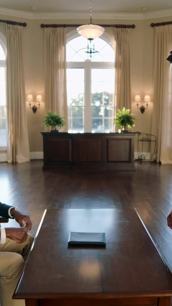 Vertical video: Placing black folder, man in blazer sitting at dark table, teen leaning to inspect