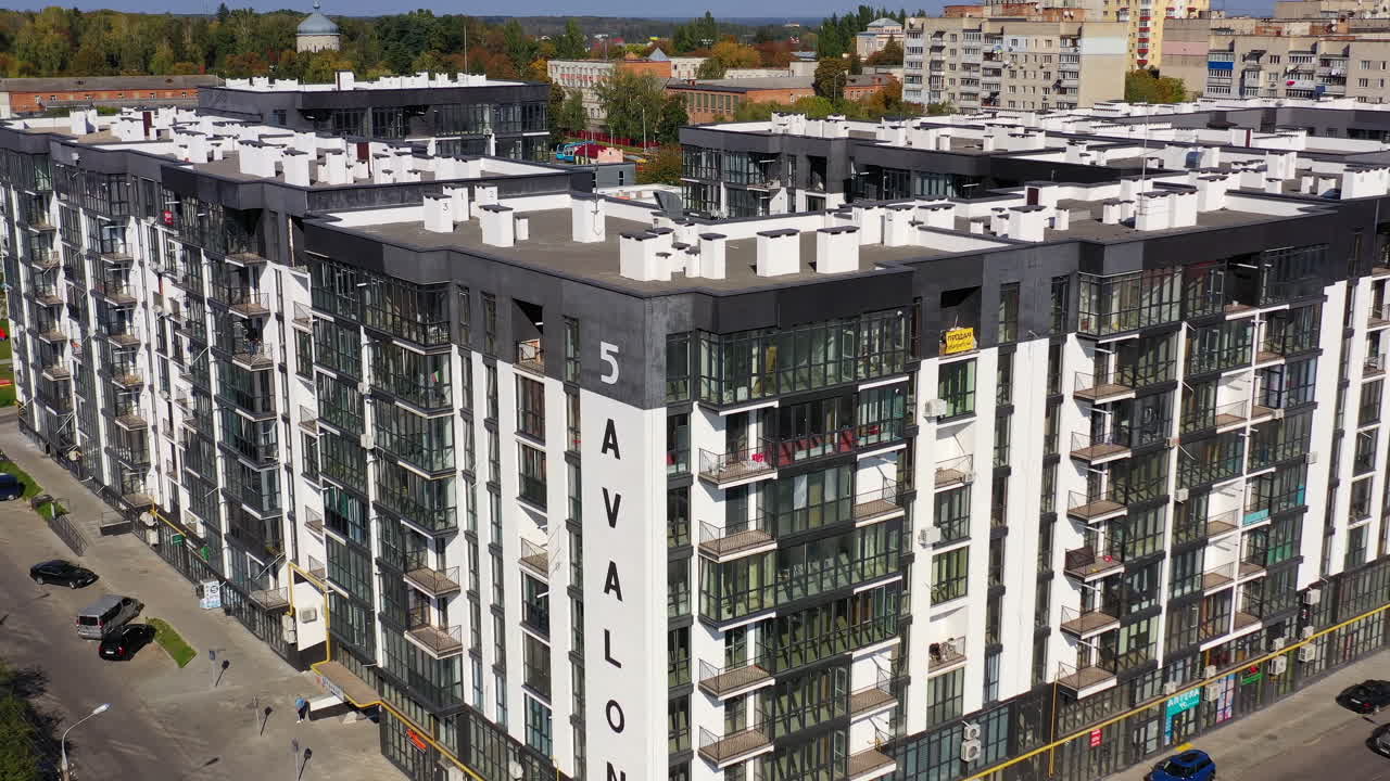 Black and white residential buildings. Aerial view of buildings in residential area of the city