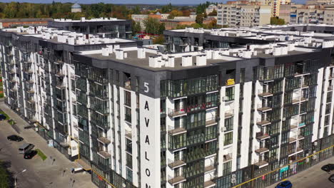 black and white residential buildings. aerial view of buildings in residential area of the city