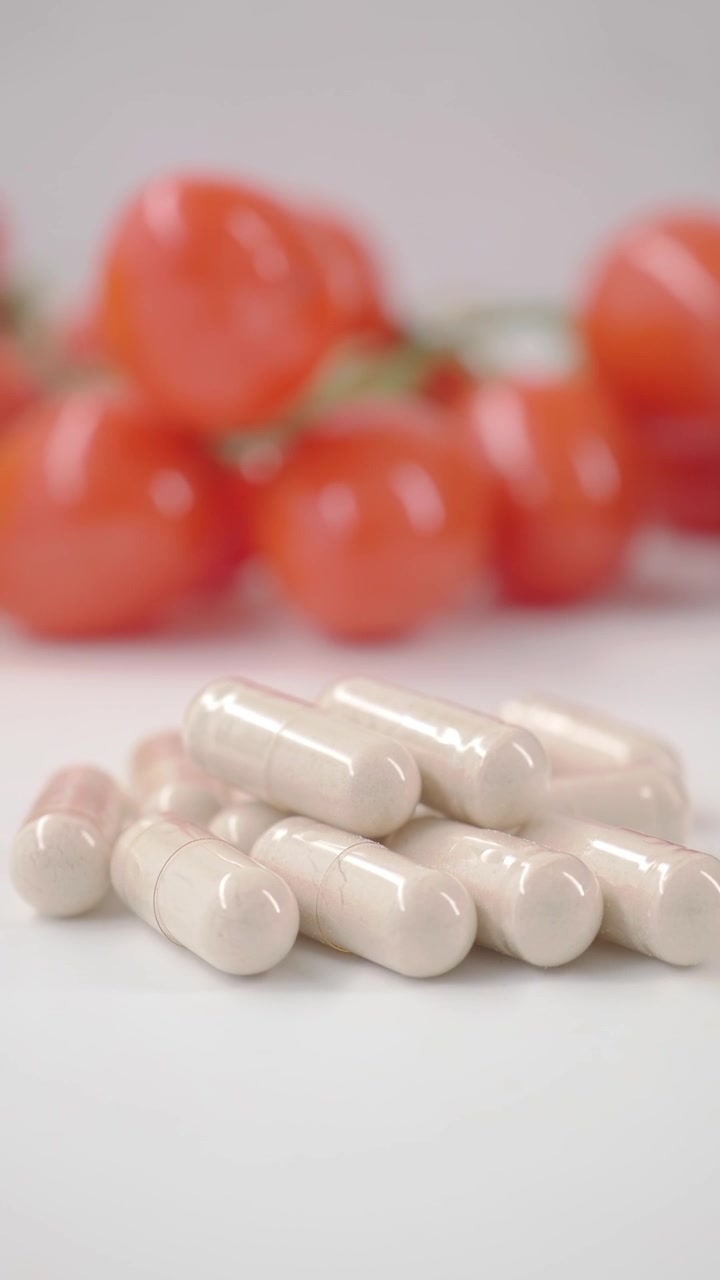 Capsule bianche di integratore alimentare con pomodorini freschi sullo sfondo
