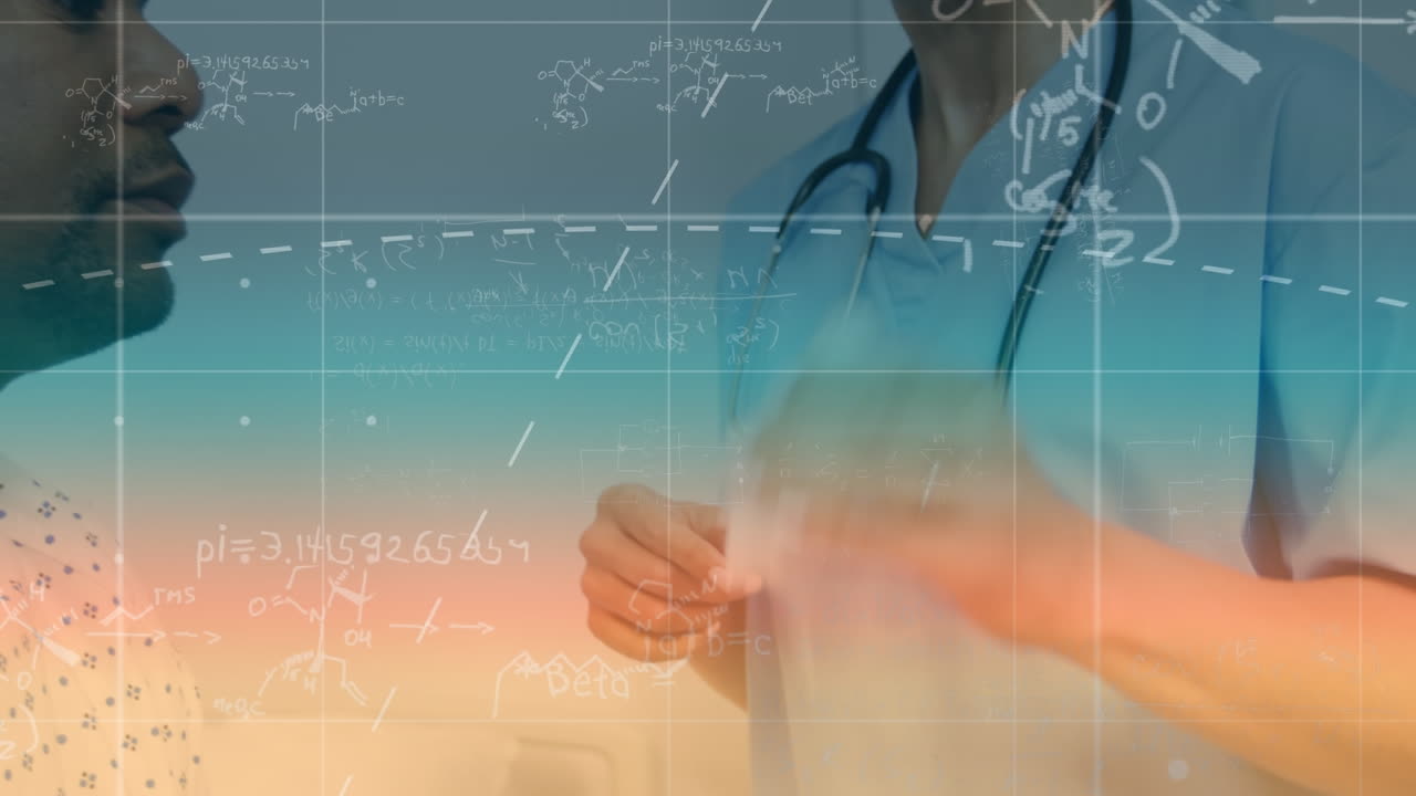 환자와 대화하는 백인 여성 의사에 대한 데이터 처리 애니메이션