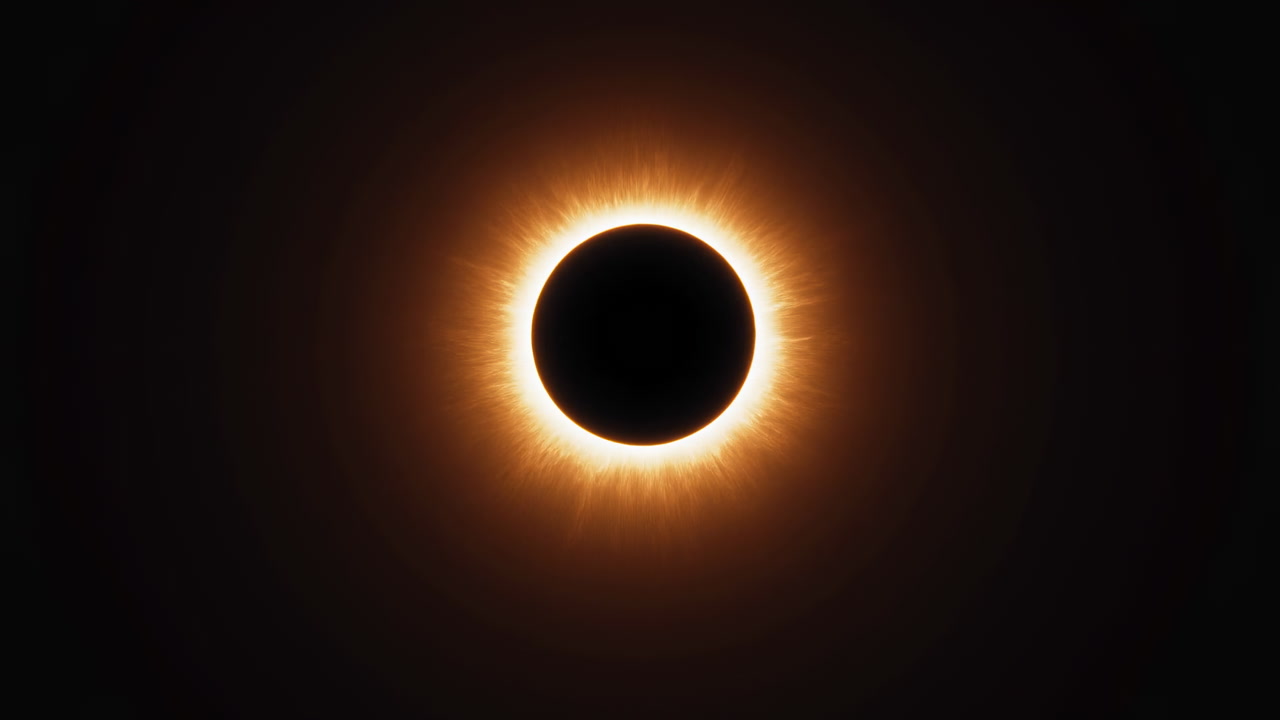 Solar Eclipse Totality Glowing Orange Corona Black Moon Disc Centered Against Dark Sky, Fiery Corona Radiating