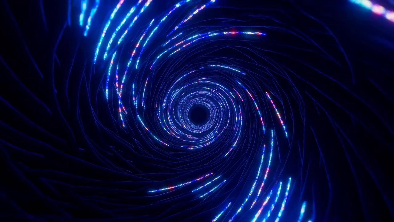 Spiraling Blue Light Vortex Tunnel With Blinking LED Strands And Pulsing Motion, Hypnotic Warp Effect Suitable