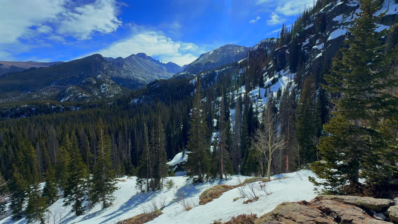 Longs Peak, Rocky Mountain nasjonalpark, solfylt blå himmel, skyer, Colorado, Estes Park, panoramisk naturlandskap. Utsikt over Dream Emerald Lake fra Bear Lake stiutgang, med snøfokk og vind på turstien. Statisk bilde.