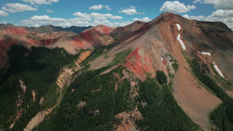 Antena-Cinematográfico-Zumbido-Verano-Gran-Altitud-Rojo-Paso-De-Montaña-Ouray-Silverton-Teluride-Colorado-Cielo-Azul-Mañana-Cielo-Azul-Parcialmente-Nublado-Montañas-Rocosas-Impresionante-Conducir-Hacia-Atrás-Revelar-Movimiento