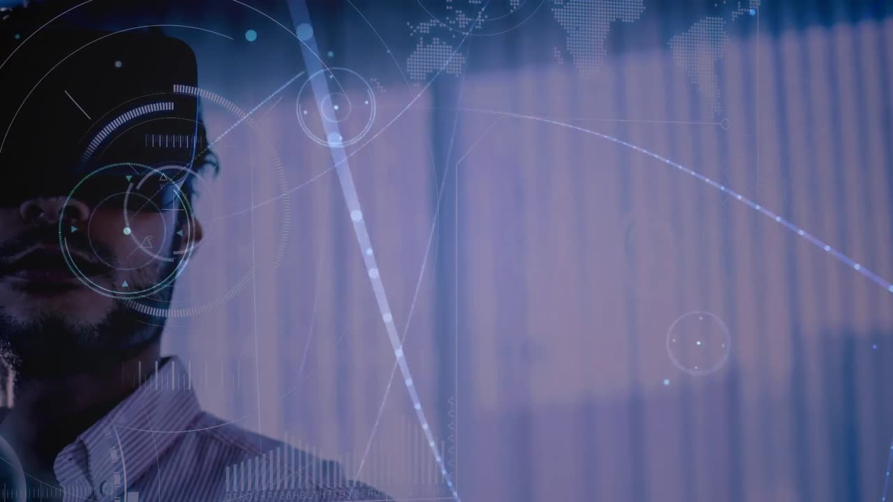 Animazione di una rete di connessioni su un uomo d'affari che indossa un visore VR