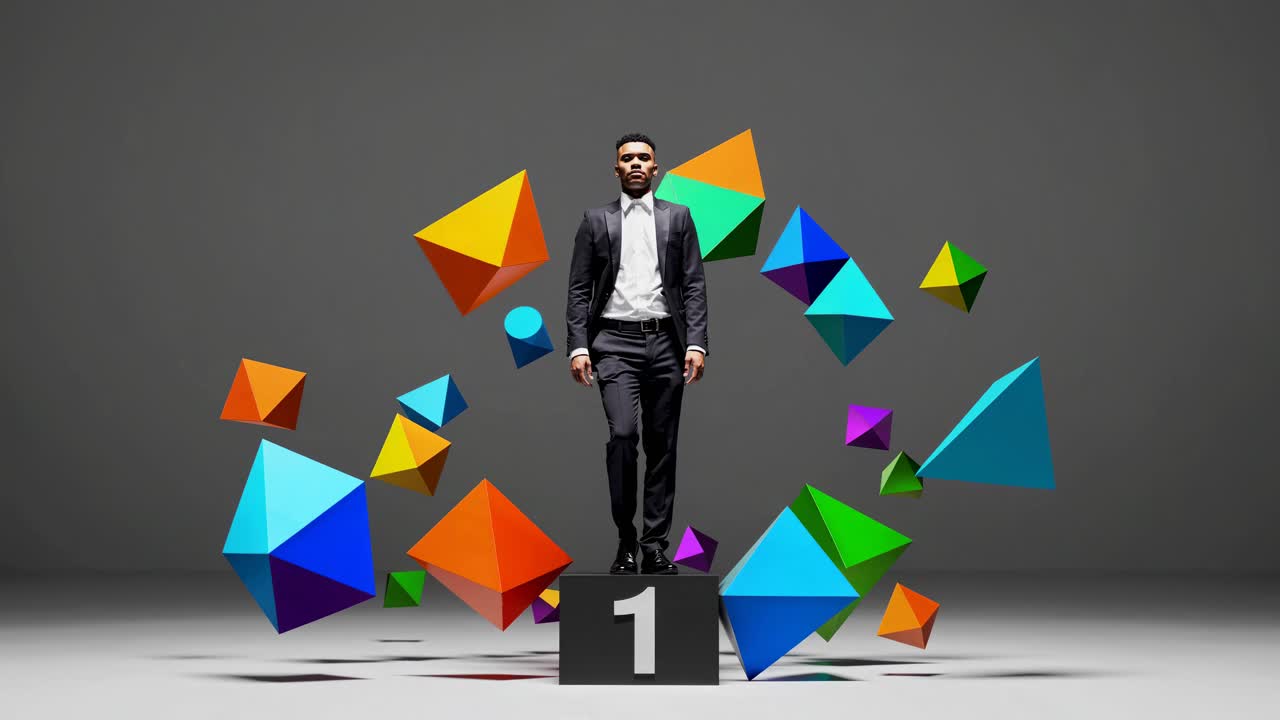hombre de negocios en el podio con formas geométricas