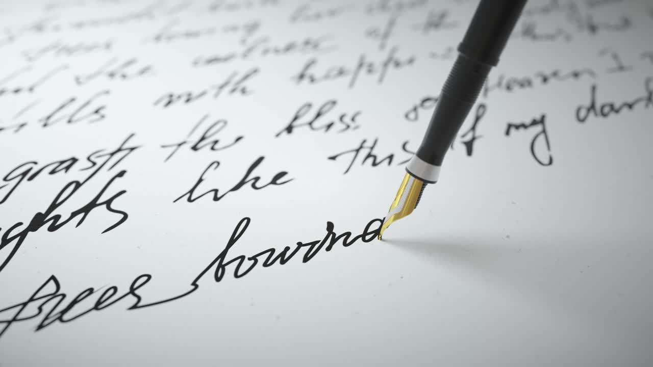 la pluma de tinta escribe versos en el papel de cerca