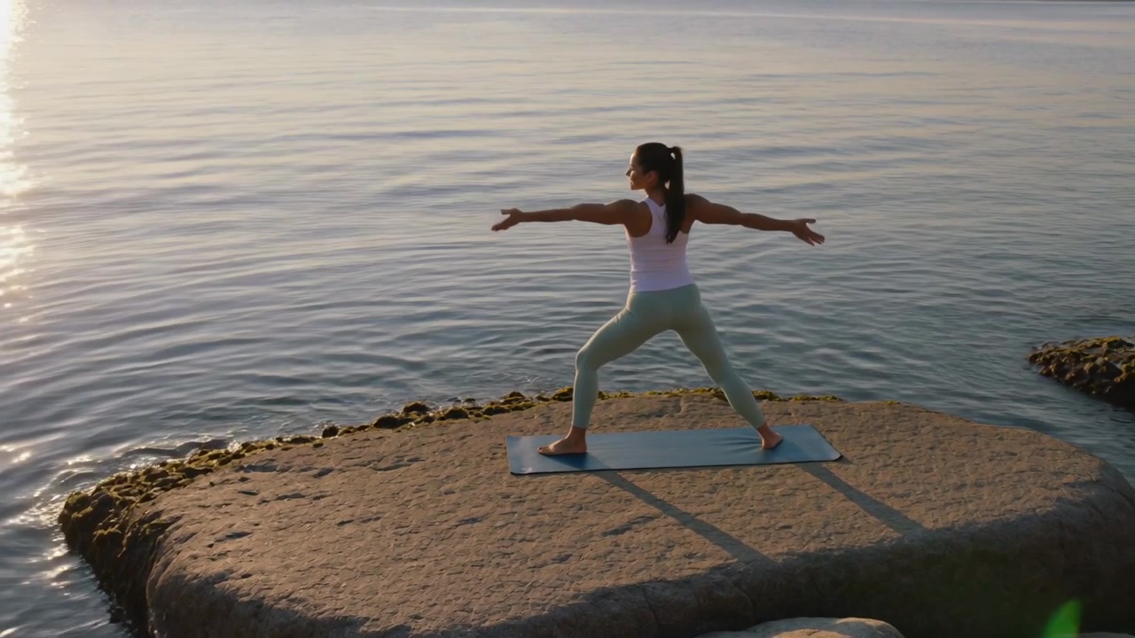 Assumendo una posizione ampia, una yogi con top e pantaloni color menta che si muove nella posizione del Guerriero II su un tappetino di roccia, in equilibrio in riva al mare.