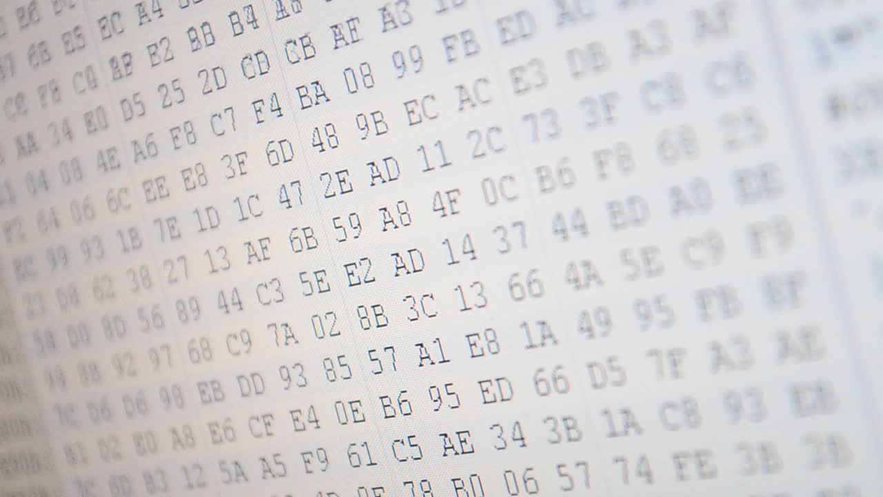 Binær kode. Langvarig optagelse. Hexadecimal programkode på skærm. Animeret baggrund med bevægende binære koder.
