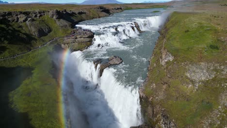 gullfoss falls and hvita canyon in iceland during summer - aerial drone view