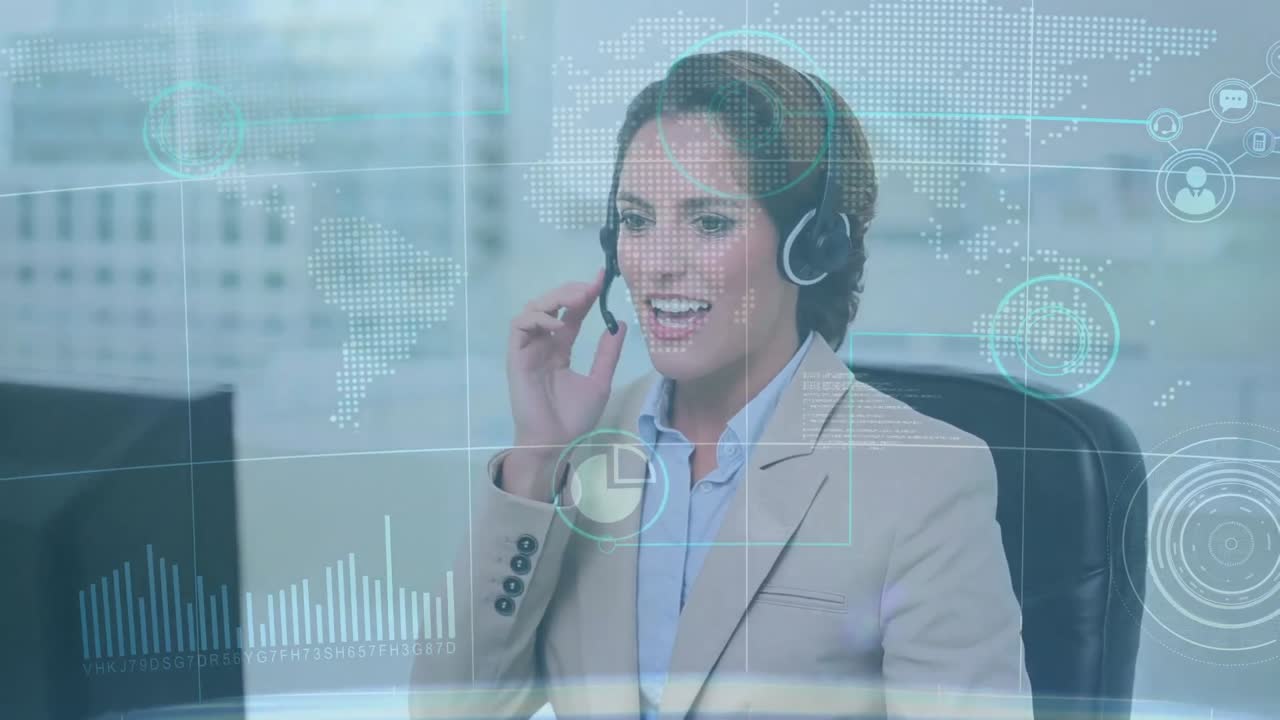 animación del procesamiento de datos sobre una mujer de negocios caucásica