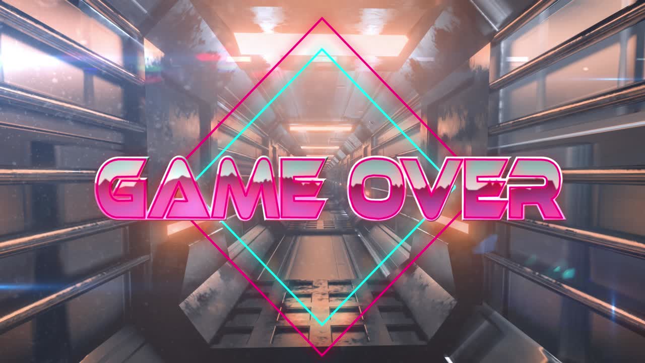 움직이는 디지털 터널을 통해 텍스트 위에 게임의 애니메이션