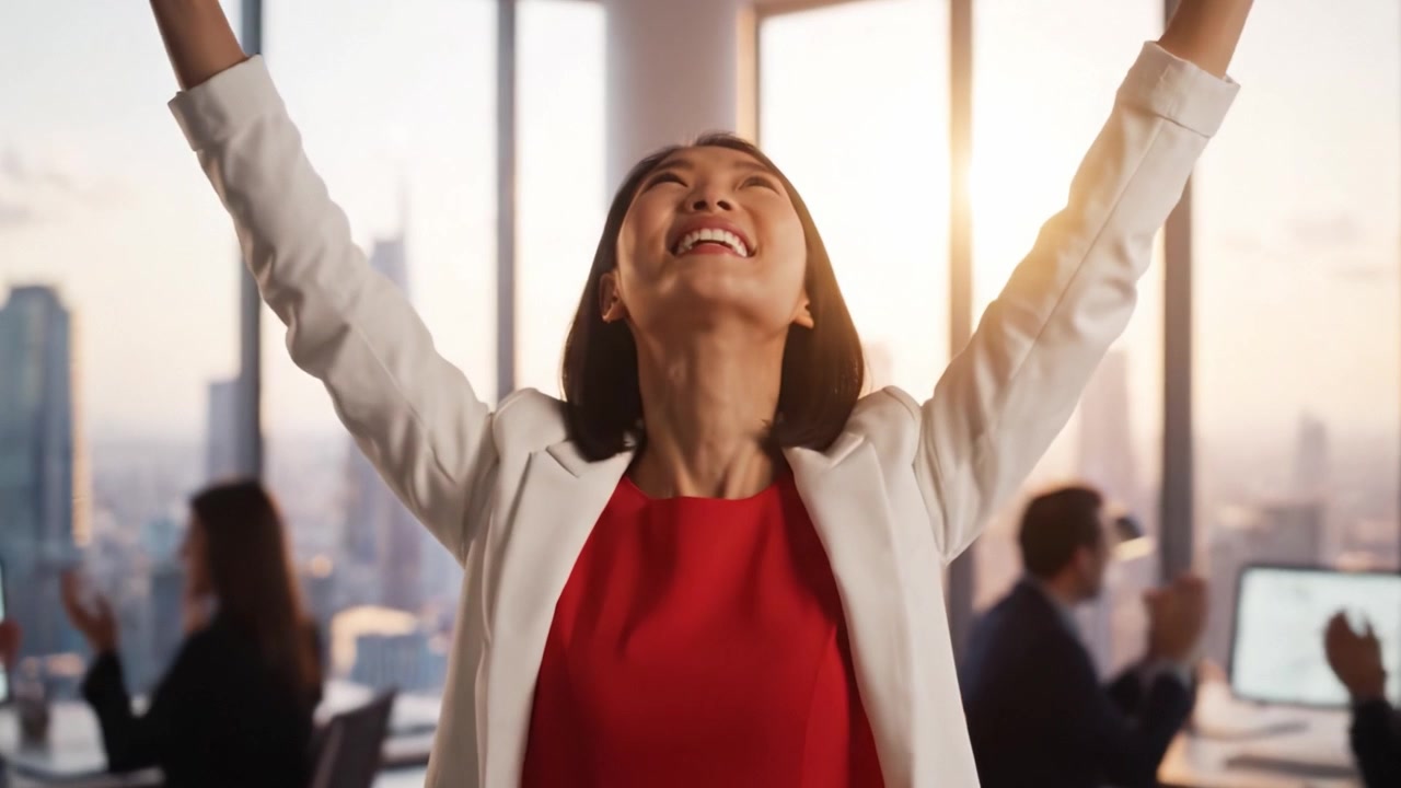 Donna Professionista Sicura di Sé in un Moderno Ambiente d'Ufficio, che Irradia Positività Contro uno Splendido Skyline Urbano, Simbolo di Successo e Ambizione