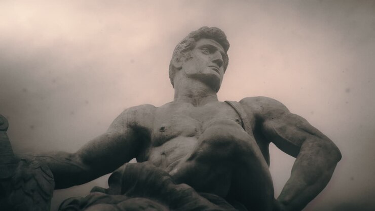 Episk, antik stenstatue på en overskyet dag og blæsende vejr.