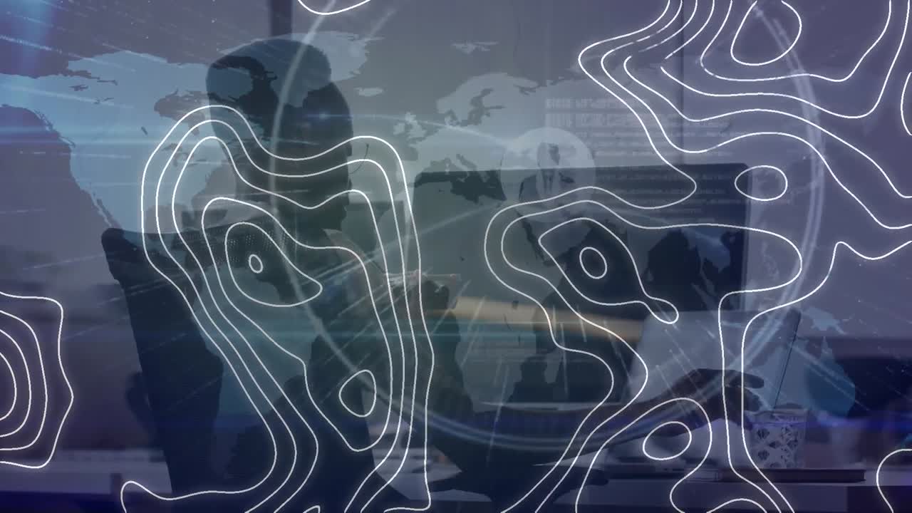 Animation of network of connections over african american woman using laptop