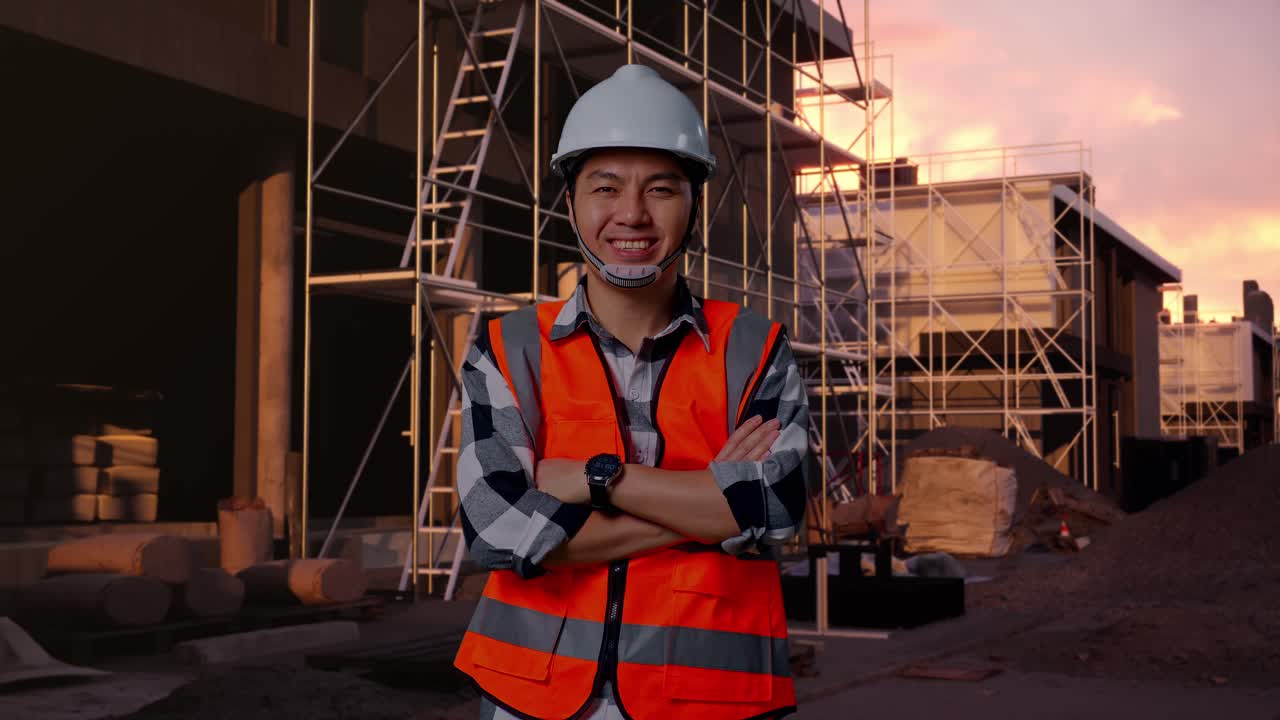 Confident Asian Construction Worker Smiling at Sunset on Building Site