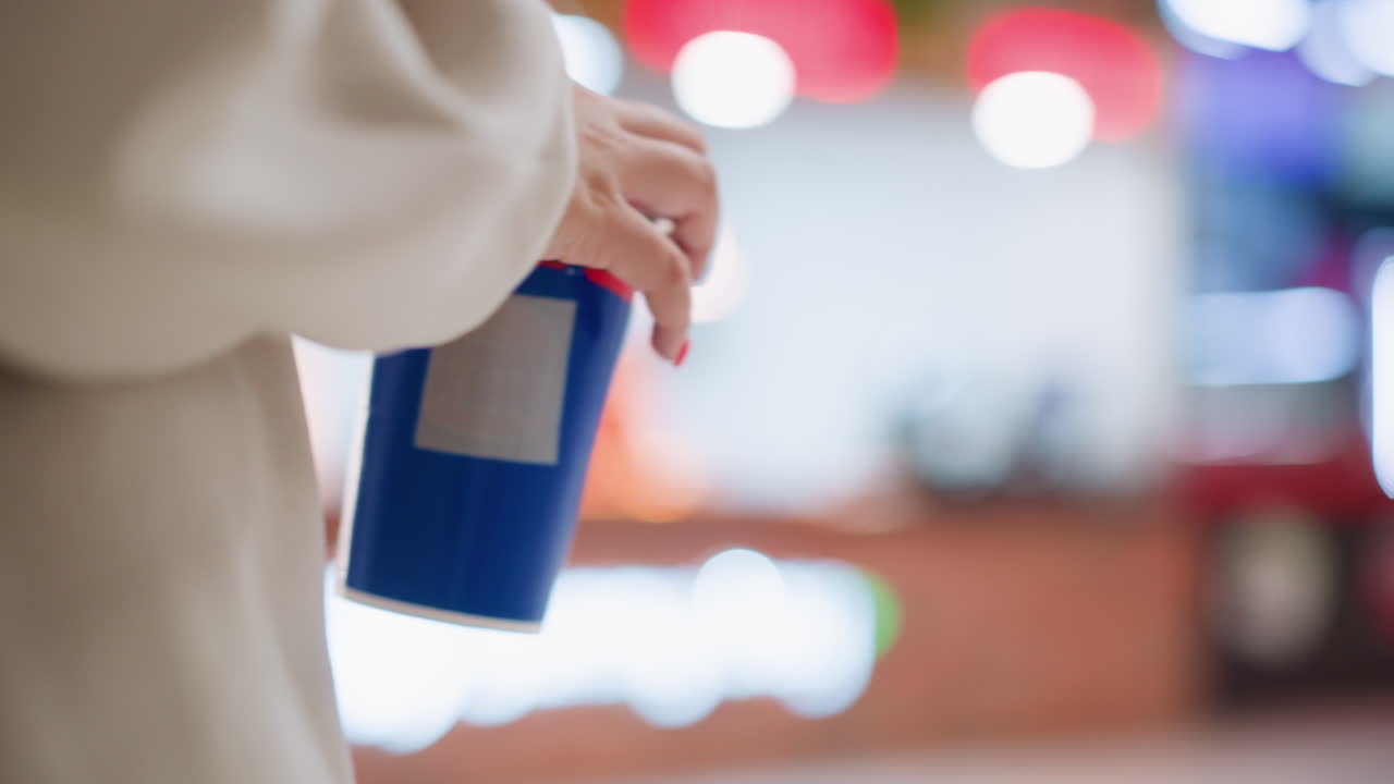 Close up rear view of person holding blue drink cup with straw while walking indoors, background lights glowing in soft blur bokeh, showing casual beverage carry in bright modern setting