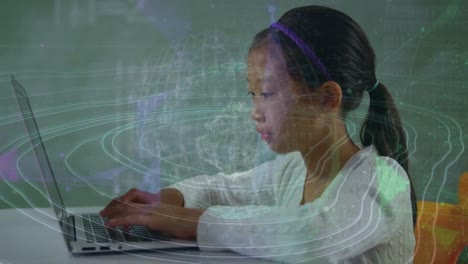 animation of data processing over asian girl using laptop at school