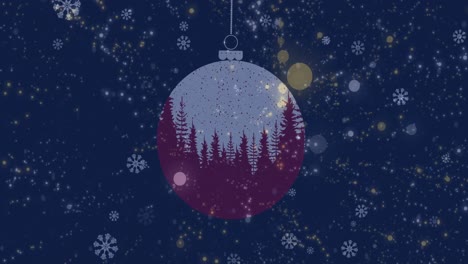 Aniamtion-of-snow-falling-over-fir-trees-in-christmas-baubles