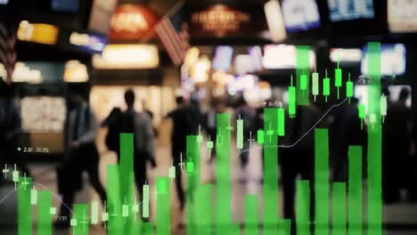 market trends analysis: visualizing financial data with green candlestick charts amidst a busy trading environment