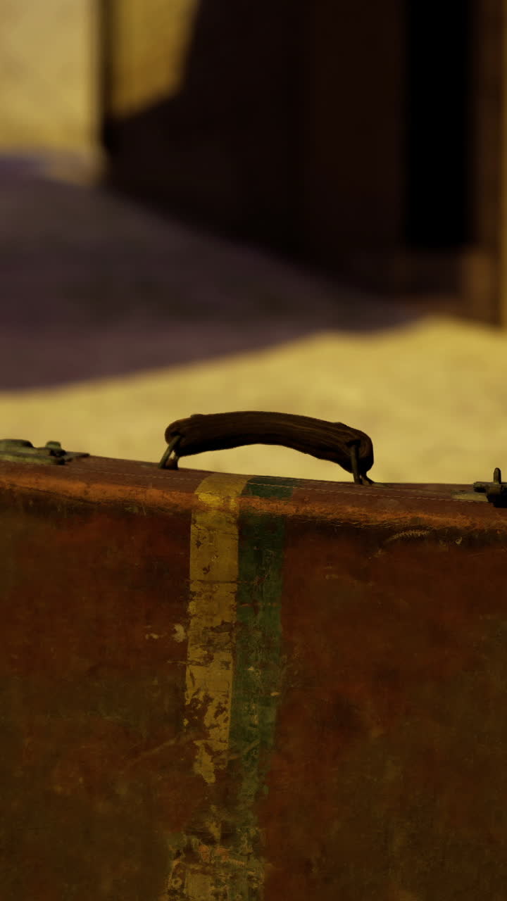 Old suitcase placed on cobblestone street in quiet evening light