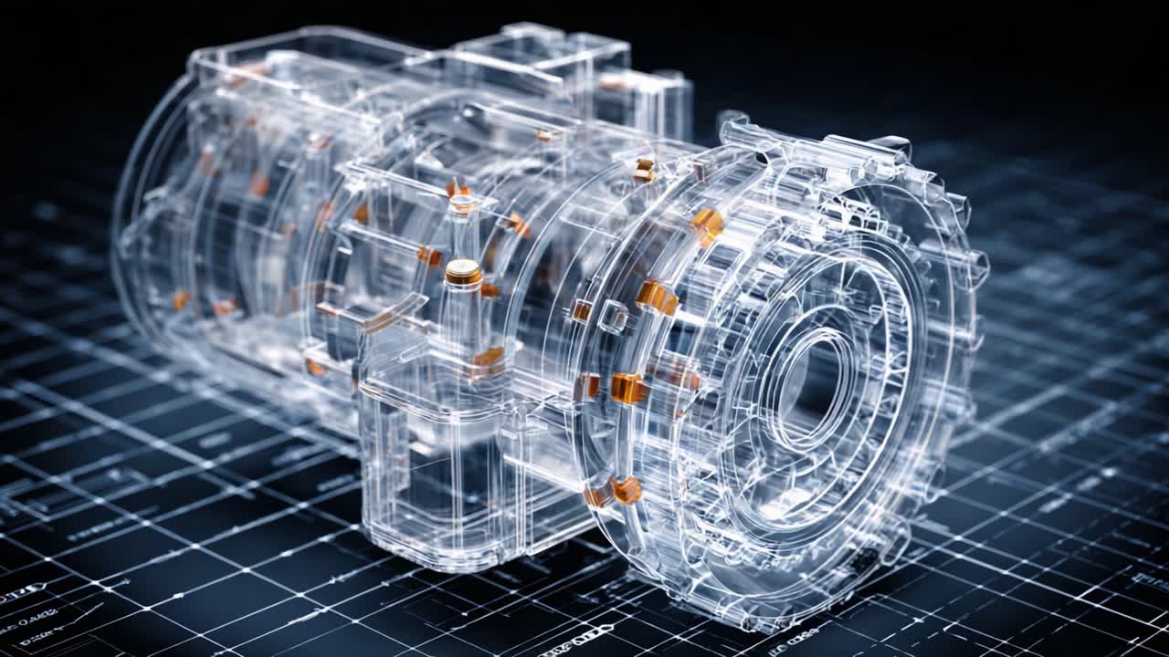 A Closer Look at a High-Tech Transparent Mechanical Component, Showcasing Intricate Design and Engineering with a Sleek Modern Aesthetic Against a Grid Background