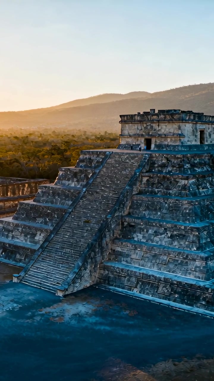Video verticale: Drone che riprende con panoramica a destra sopra una piramide tra le rovine, mostrando una scalinata e terrazze.