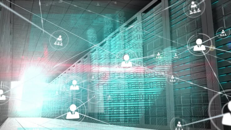 Animation of network of connections with icons and data processing over server room