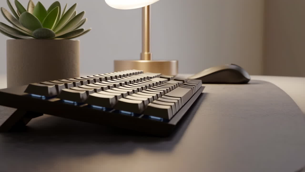 Modern Desk Setup with Mechanical Keyboard, Plant, and Lamp