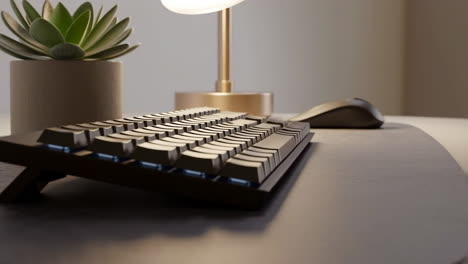 modern desk setup with mechanical keyboard, plant, and lamp