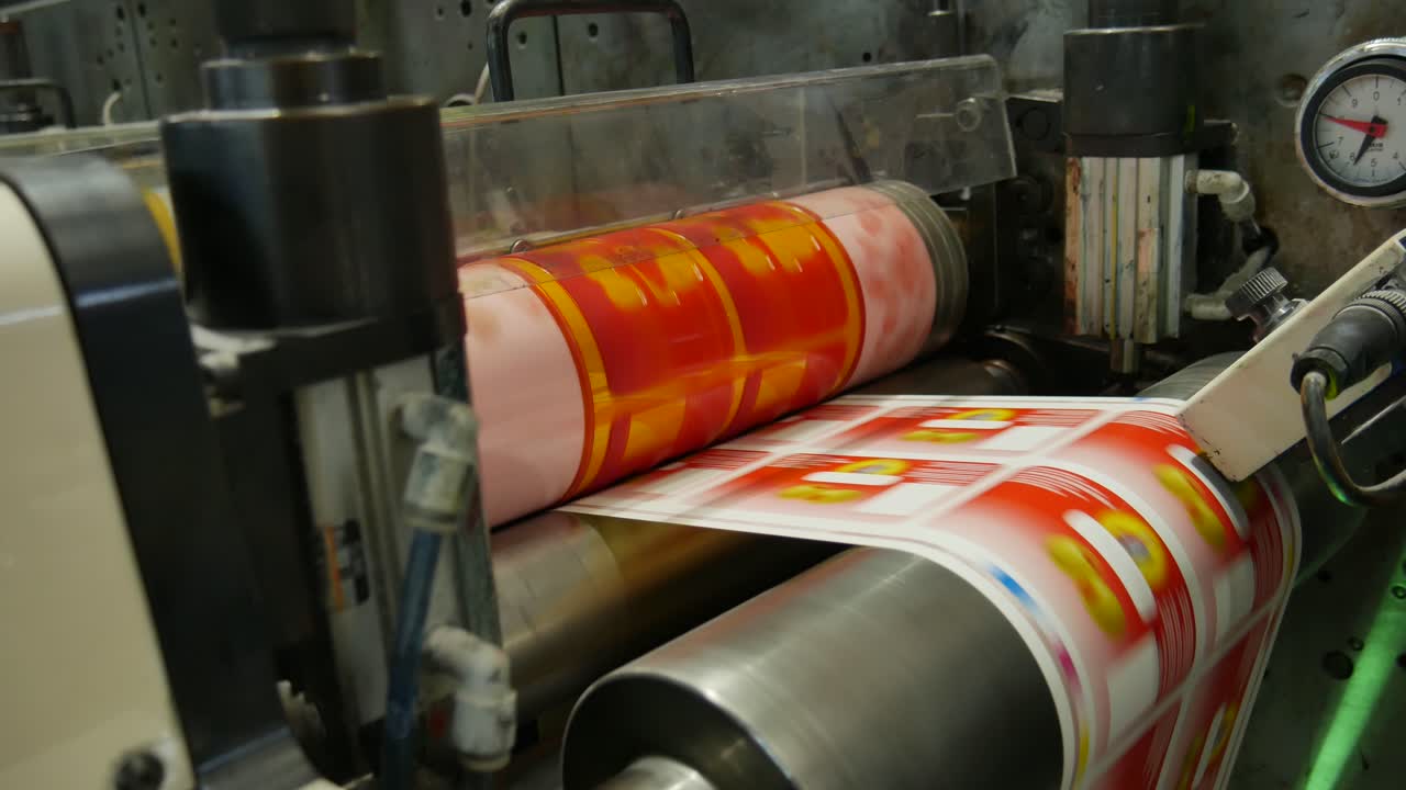 Equitas pass in front of the camera printing on a chain production machine, a printing factory works to make product labels