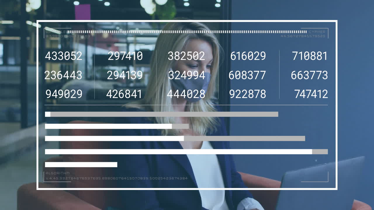 Working on laptop, businesswoman analyzing data with animation overlay in office