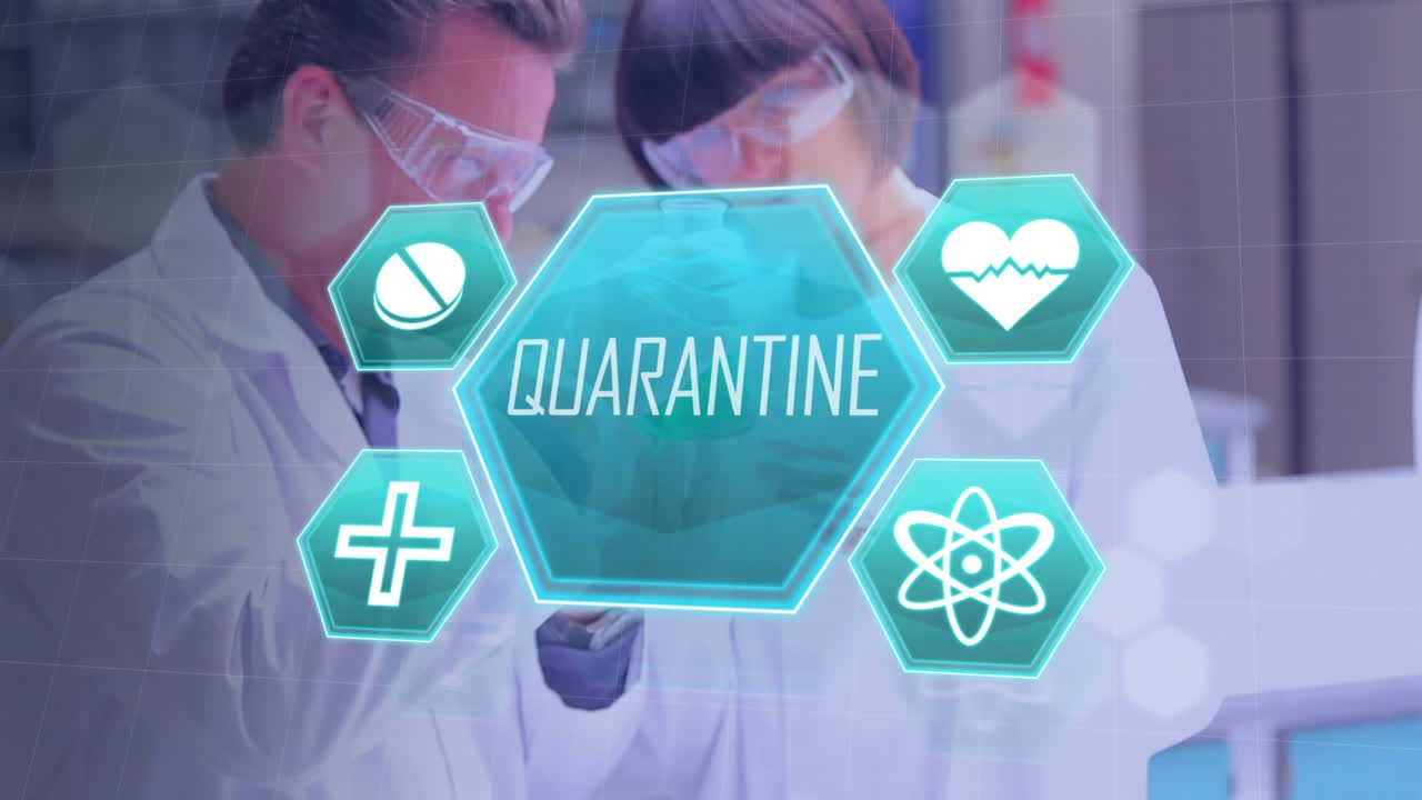 녹색 의료 아이콘에는 격리라는 단어가 쓰여져 있습니다. 과학자들이 일하고 있습니다. 코로나19의 확산