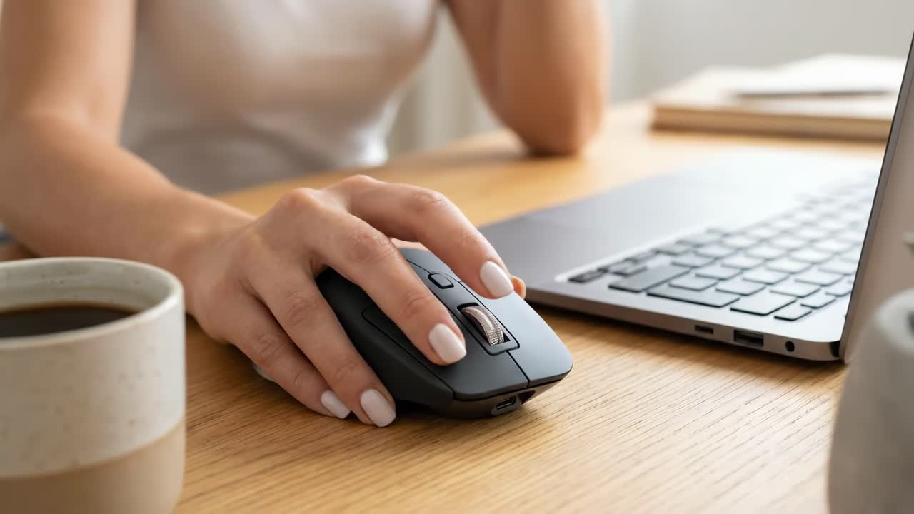 Close-Up of Person's Hand Using Computer Mouse on Wooden Desk