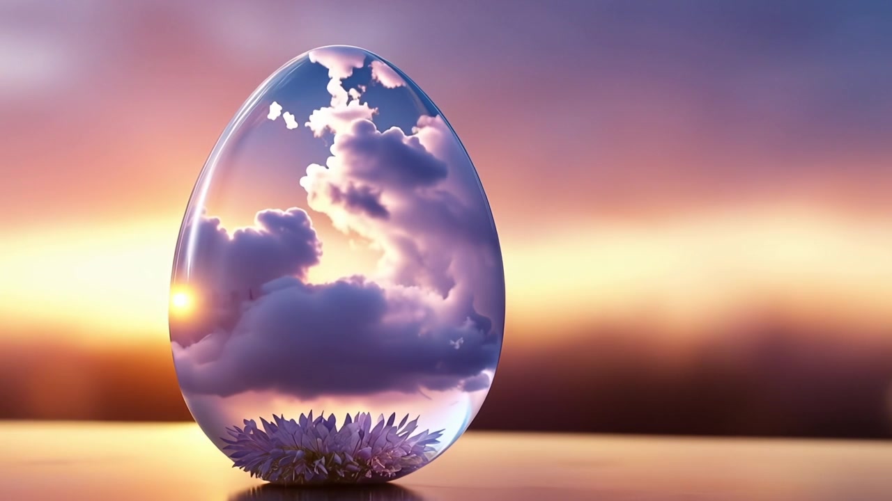 Fredfyldt glasæg, der reflekterer solnedgangsskyer og en blomst