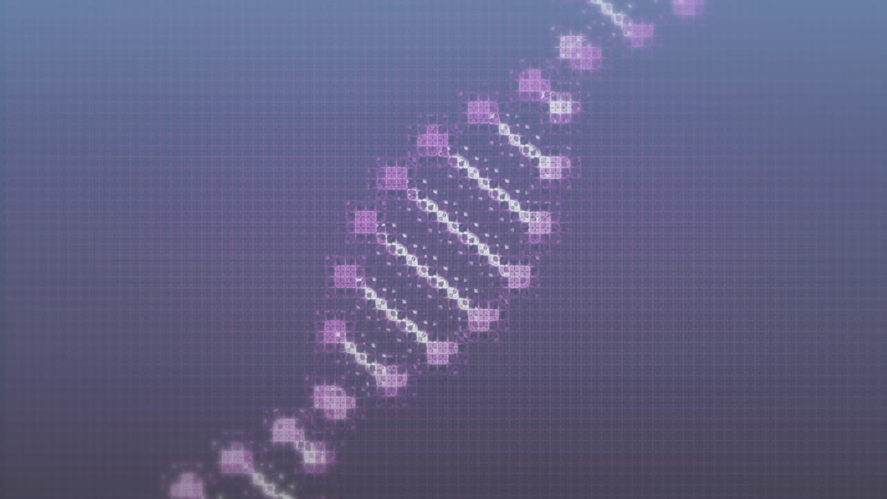 animación de una cadena de adn girando sobre un fondo púrpura.