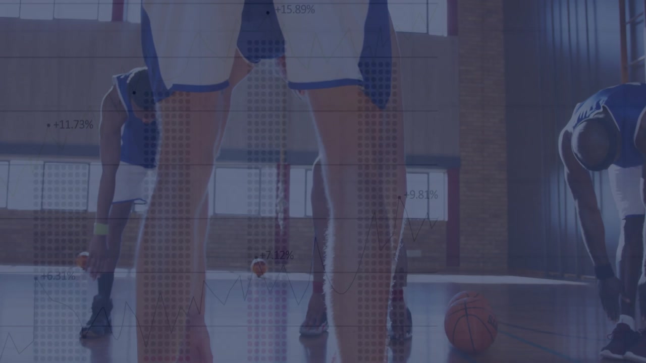 Basketball players shifting into plank in gym with data overlay appearing guiding push-up drill