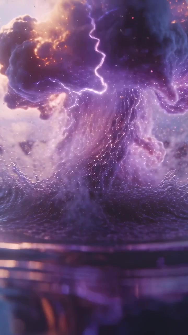 Vertical video: Rising violet vortex after sea surge, stirring sea, flashing lightning and embers