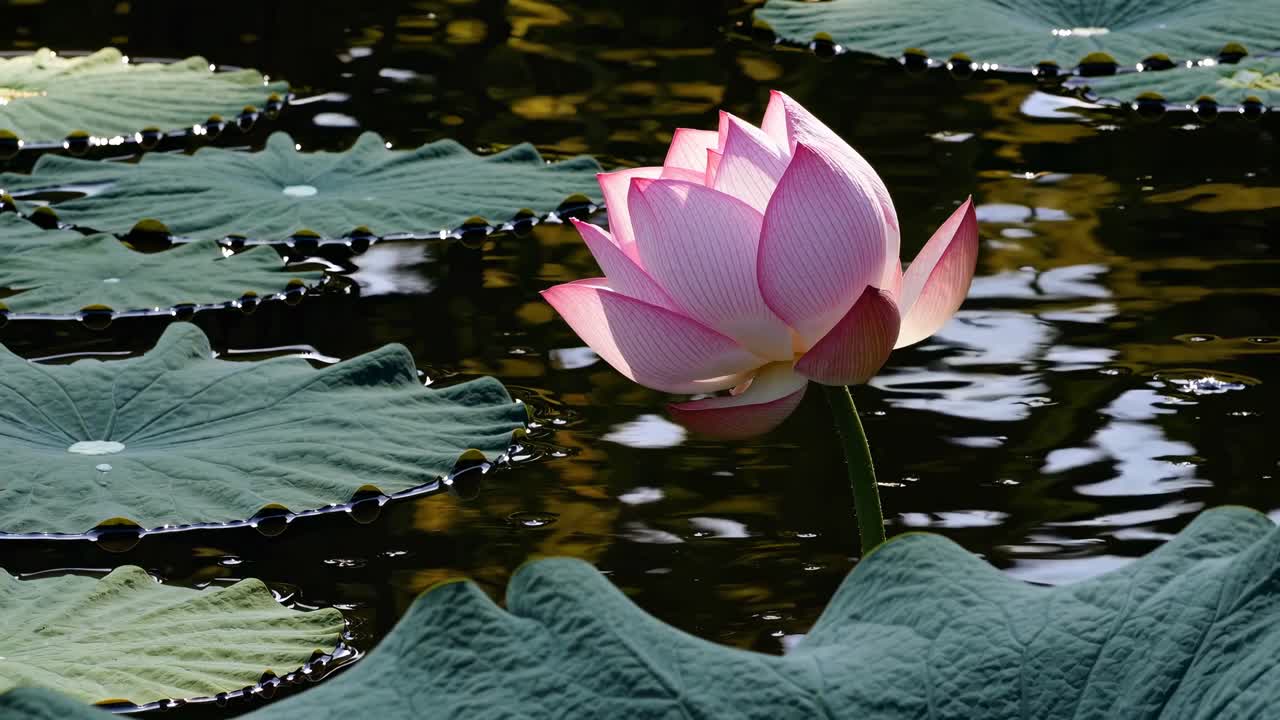 A serene close-up video of a blooming lotus flower on a pond, captured from a low angle