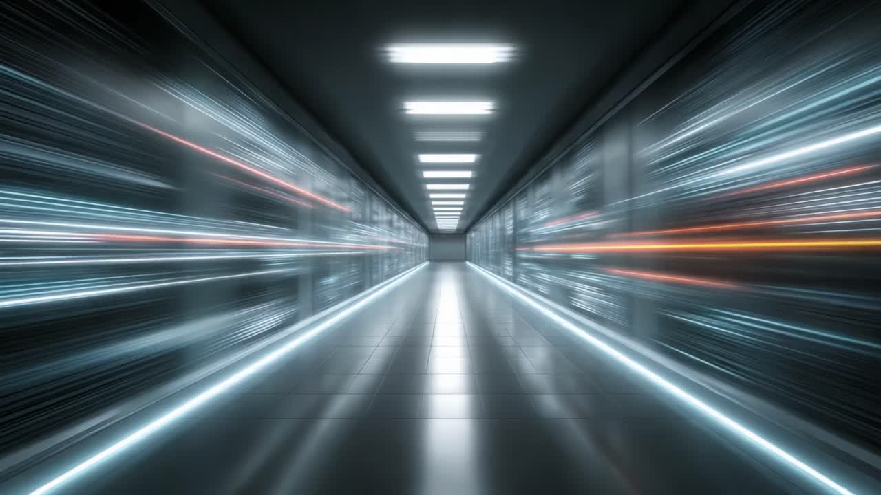 Corridoio futuristico high-tech caratterizzato da scie luminose dinamiche e un design elegante, che cattura movimento ed energia in un ambiente tecnologico moderno