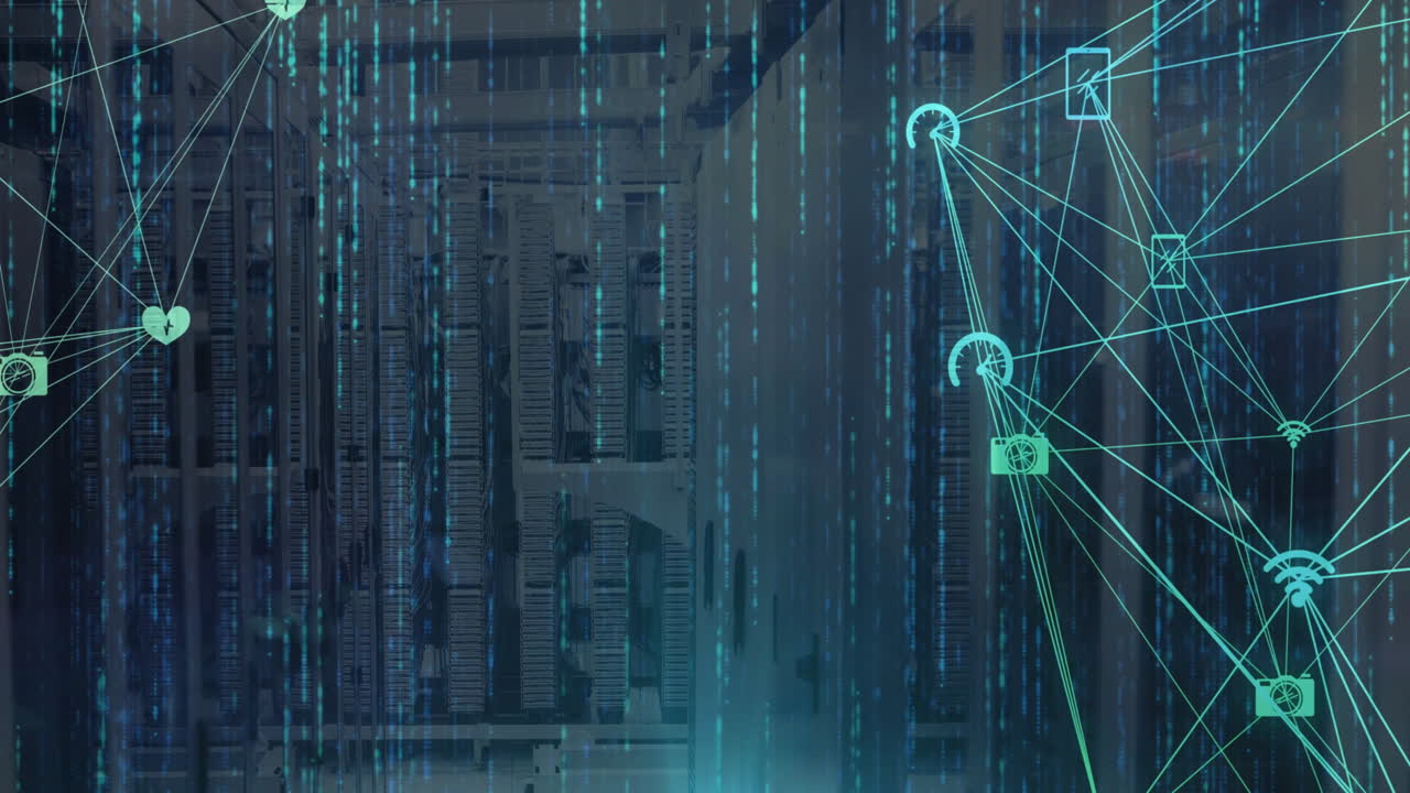 Animation of network of connections with icons and data processing over server room