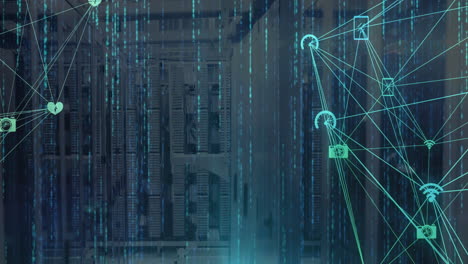 animazione della rete di connessioni con icone e elaborazione dei dati sulla sala server