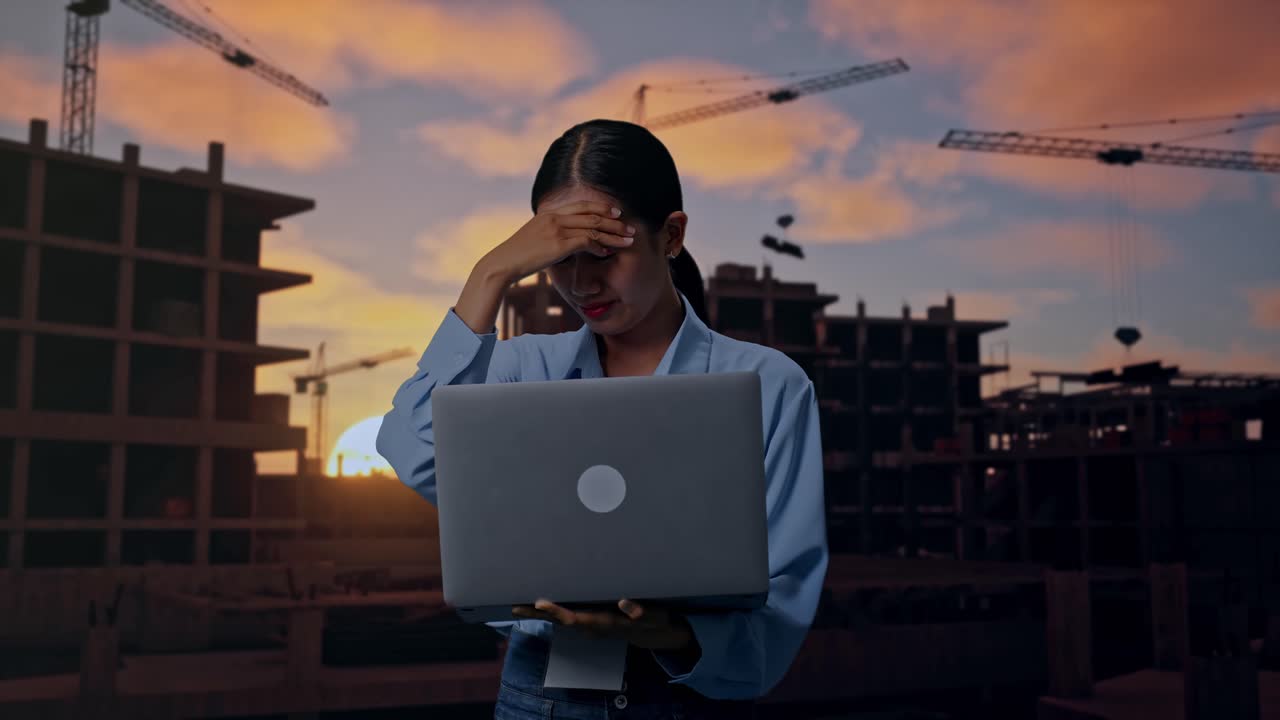 Asian Female With Her Laptop At Construction Site in Progress to New House, She Is Nodding Her Shead With Dissapionted